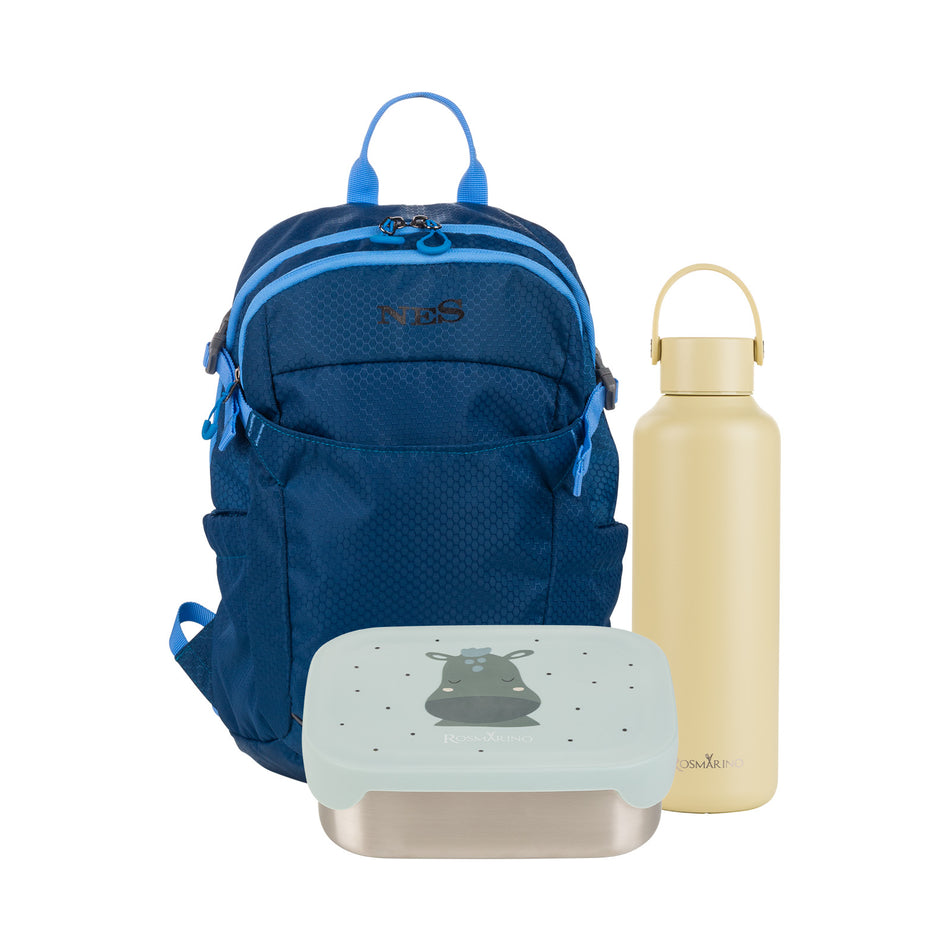 Zestaw plecak dziecięcy NES Move (12 L), lunch box Rosmarino Prep&Go Hippo (800 ml) i butelka termiczna Rosmarino (600 ml)