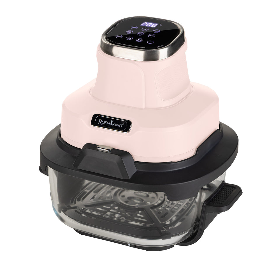 Przenośna szklana frytkownica beztłuszczowa Rosmarino Airfryer Crispy PRO Series 6-w-1 – 4,5 L + 1,8 L, różowa